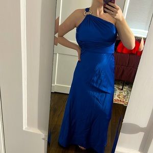 Long silk one shoulder royal blue dress